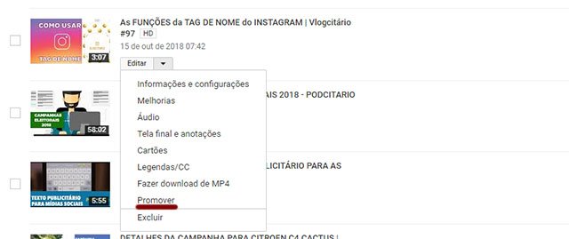 Promover - Anunciar vídeo no YouTube