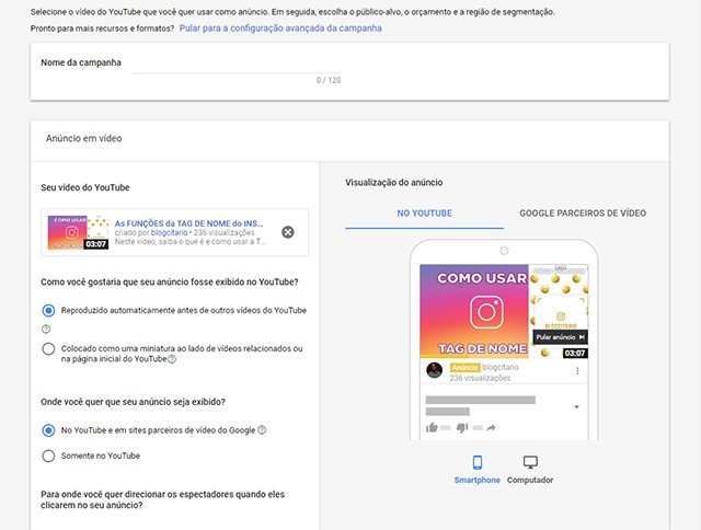 Tela de anúncio YouTube