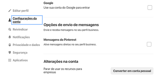 Configurações do Pinterest Business