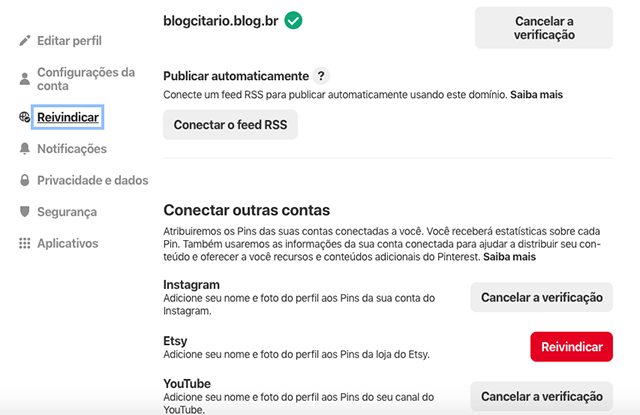 Conectar conta do Instagram no Pinterest